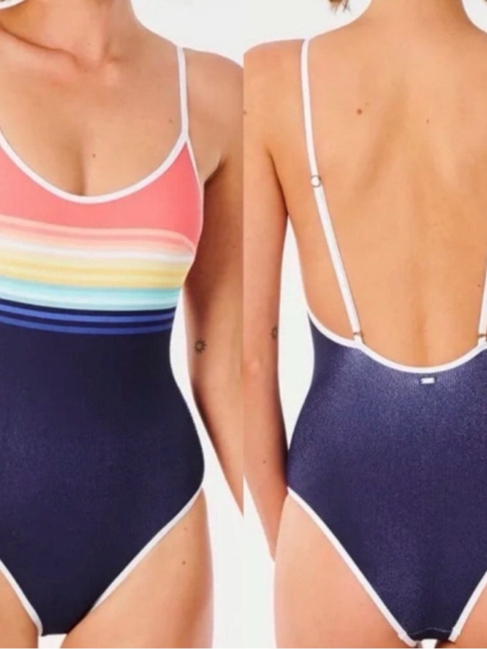 RIP Curl Sayulita Rainbow Stripe Navy Blue One Piece Swimsuit. NWOT